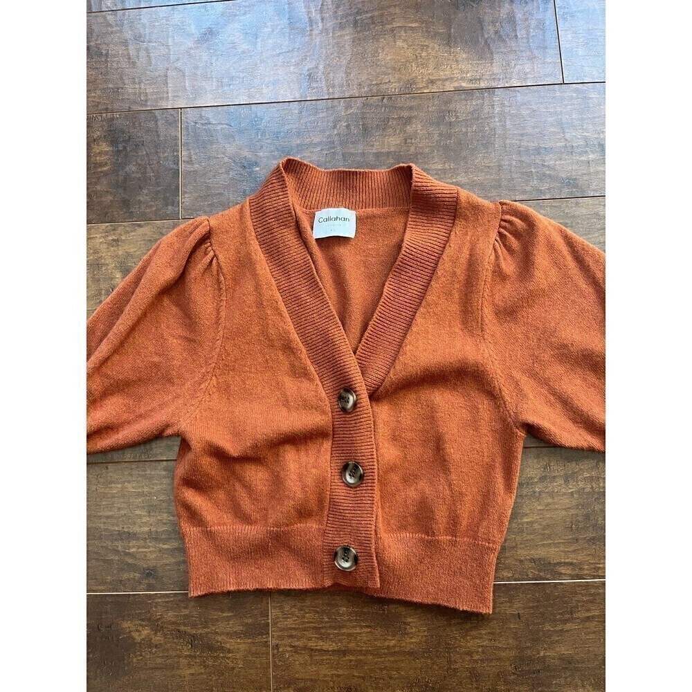 Callahan Womens Cropped Knit Sweater Cardigan Button Front Orange XS